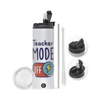 Teacher mode, Travel Tumbler 2 Lids, with metal straw & cleaning brush (Stainless steel 304 Food grade, BPA free, 600ml)