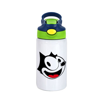 Felix the cat, Children's hot water bottle, stainless steel, with safety straw, green, blue (350ml)