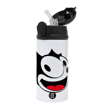 Felix the cat, Children's hot water bottle, stainless steel, with safety straw, Black (360ml) BPA-FREE