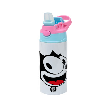 Felix the cat, Children's hot water bottle, stainless steel, with safety straw, Pink/BlueCiel (360ml) BPA FREE