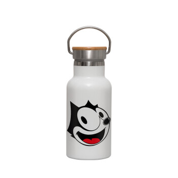 Felix the cat, Μεταλλικό παγούρι θερμός (Stainless steel) Λευκό με ξύλινο καπακι (bamboo), διπλού τοιχώματος, 350ml