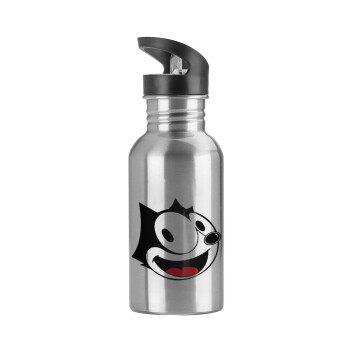 Felix the cat, Water bottle Silver with straw, stainless steel 600ml