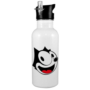 Felix the cat, White water bottle with straw, stainless steel 600ml