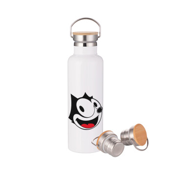 Felix the cat, Stainless steel White with wooden lid (bamboo), double wall, 750ml