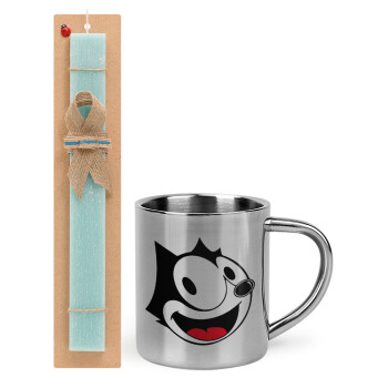 Felix the cat, Easter Set, metallic thermal cup (300ml) & aromatic flat Easter candle (30cm) (TURQUOISE)