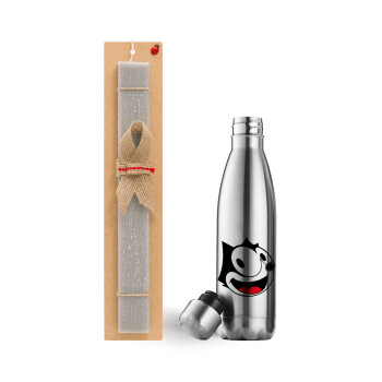 Felix the cat, Easter Set, metallic stainless thermos flask (500ml) & scented flat Easter candle (30cm) (GRAY)