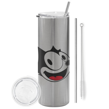 Felix the cat, Eco friendly ποτήρι θερμό Ασημένιο (tumbler) από ανοξείδωτο ατσάλι 600ml, με μεταλλικό καλαμάκι & βούρτσα καθαρισμού