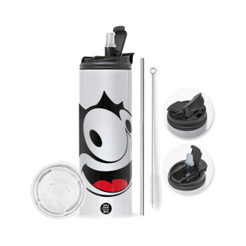 Felix the cat, Travel Tumbler θερμό με διπλό καπάκι, μεταλλικό καλαμάκι και βούρτσα καθαρισμού (Ανωξείδωτο 304 Food grade, BPA free, 600ml)