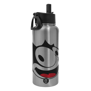 Felix the cat, Metal mug thermo Silver with Straw and Spout Lid (Stainless steel), double wall, 950ml