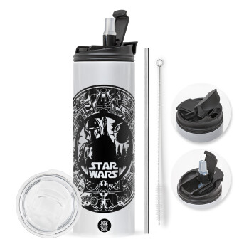 Star Wars Disk, Travel Tumbler θερμό με διπλό καπάκι, μεταλλικό καλαμάκι και βούρτσα καθαρισμού (Ανωξείδωτο 304 Food grade, BPA free, 600ml)