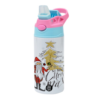 Santa Claus gold, Children's hot water bottle, stainless steel, with safety straw, Pink/BlueCiel (360ml) BPA FREE