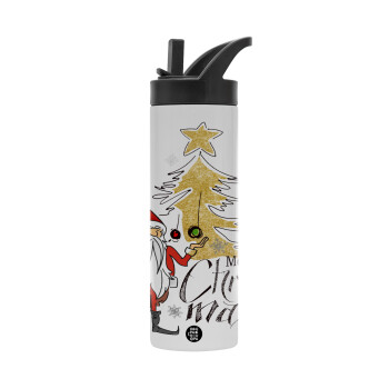 Santa Claus gold, Metallic thermos bottle with straw & handle, stainless steel (Stainless steel 304), double-walled, 600ml.