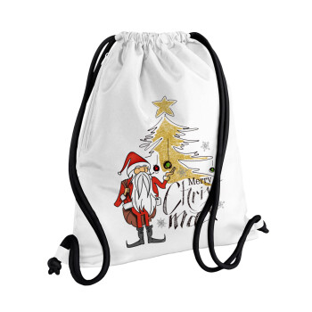 Santa Claus gold, Τσάντα πλάτης πουγκί GYMBAG λευκή, με τσέπη (40x48cm) & χονδρά κορδόνια