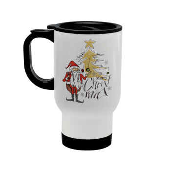 Santa Claus gold, Stainless steel travel mug with lid, double wall white 450ml