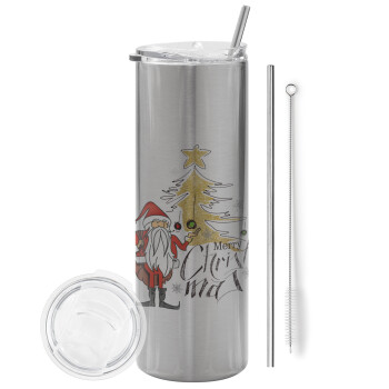 Santa Claus gold, Eco friendly ποτήρι θερμό Ασημένιο (tumbler) από ανοξείδωτο ατσάλι 600ml, με μεταλλικό καλαμάκι & βούρτσα καθαρισμού