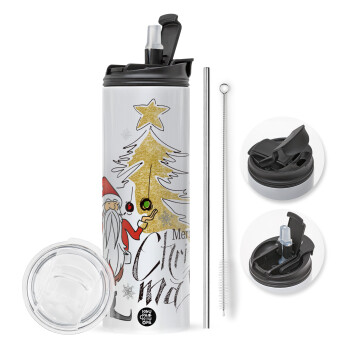 Santa Claus gold, Travel Tumbler θερμό με διπλό καπάκι, μεταλλικό καλαμάκι και βούρτσα καθαρισμού (Ανωξείδωτο 304 Food grade, BPA free, 600ml)