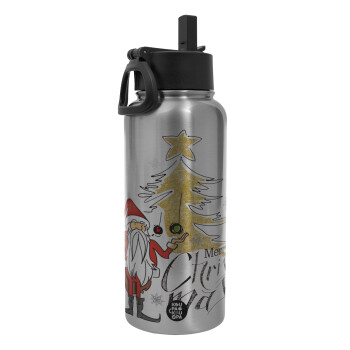 Santa Claus gold, Metal mug thermo Silver with Straw and Spout Lid (Stainless steel), double wall, 950ml