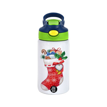 Xmas boot, Children's hot water bottle, stainless steel, with safety straw, green, blue (350ml)