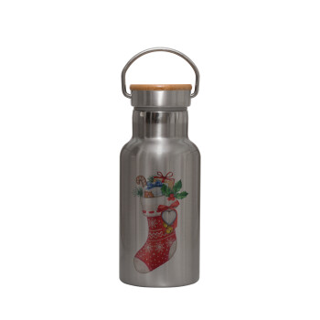 Xmas boot, Stainless steel metallic thermos flask, silver with a bamboo lid, double-walled, 350ml.