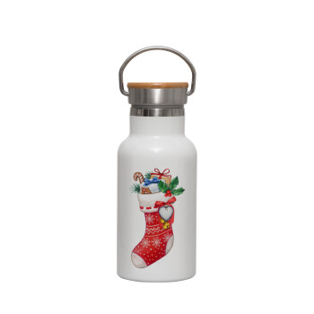 Xmas boot, Metallic thermos (Stainless steel) White with wooden lid (bamboo), double-walled, 350ml