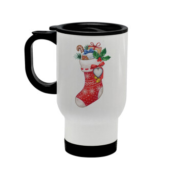 Xmas boot, Stainless steel travel mug with lid, double wall white 450ml