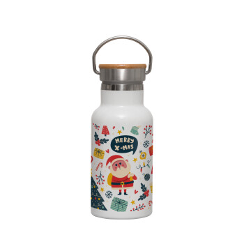 Merry x-mas pattern, Metallic thermos (Stainless steel) White with wooden lid (bamboo), double-walled, 350ml