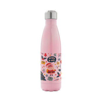 Merry x-mas pattern, Metal mug thermos Pink Iridiscent (Stainless steel), double wall, 500ml
