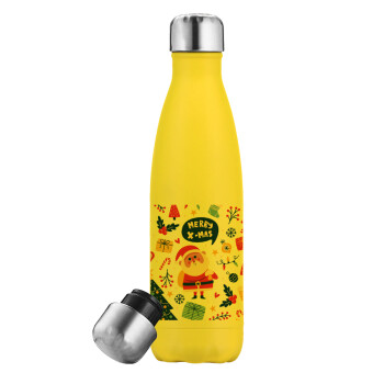 Merry x-mas pattern, Yellow Stainless Steel Metallic Thermos, double-walled, 500ml