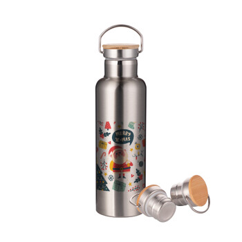 Merry x-mas pattern, Stainless steel Silver with wooden lid (bamboo), double wall, 750ml