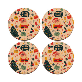 Merry x-mas pattern, ΣΕΤ x4 Σουβέρ ξύλινα στρογγυλά plywood (9cm)