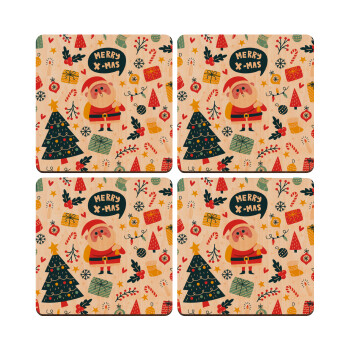 Merry x-mas pattern, ΣΕΤ x4 Σουβέρ ξύλινα τετράγωνα plywood (9cm)