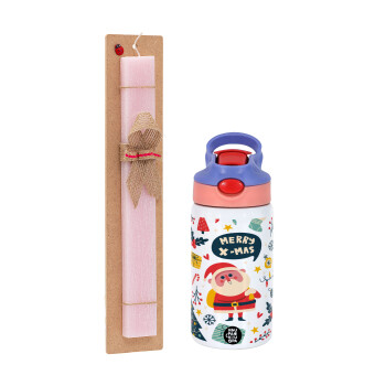 Merry x-mas pattern, Easter Set, Children's thermal stainless steel water bottle with safety straw, pink/purple (350ml) & Easter scented flat candle (30cm) (PINK)