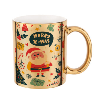 Merry x-mas pattern, Κούπα κεραμική, χρυσή καθρέπτης, 330ml