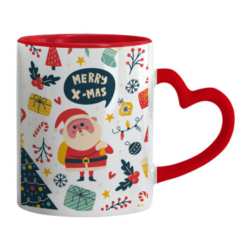 Merry x-mas pattern, Mug heart red handle, ceramic, 330ml