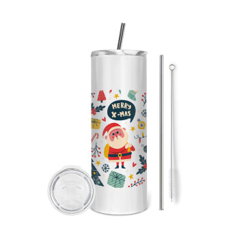 Merry x-mas pattern, Eco friendly stainless steel tumbler 600ml, with metal straw & cleaning brush