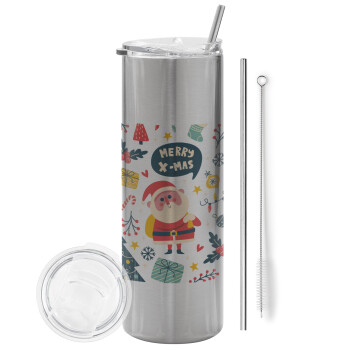 Merry x-mas pattern, Eco friendly stainless steel Silver tumbler 600ml, with metal straw & cleaning brush