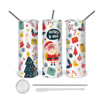 Merry x-mas pattern, 360 Eco friendly stainless steel tumbler 600ml, with metal straw & cleaning brush