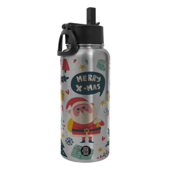 Merry x-mas pattern, Metal mug thermo Silver with Straw and Spout Lid (Stainless steel), double wall, 950ml