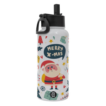 Merry x-mas pattern, Metal mug thermo White with Straw and Spout Lid (Stainless steel), double wall, 950ml