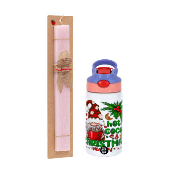 Hot cocoa and Christmas movies, Easter Set, Children's thermal stainless steel water bottle with safety straw, pink/purple (350ml) & Easter scented flat candle (30cm) (PINK)