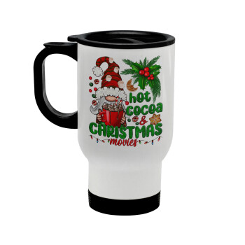 Hot cocoa and Christmas movies, Stainless steel travel mug with lid, double wall white 450ml