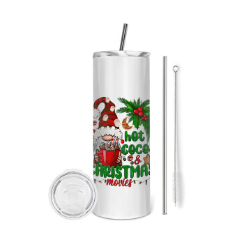 Hot cocoa and Christmas movies, Eco friendly ποτήρι θερμό (tumbler) από ανοξείδωτο ατσάλι 600ml, με μεταλλικό καλαμάκι & βούρτσα καθαρισμού