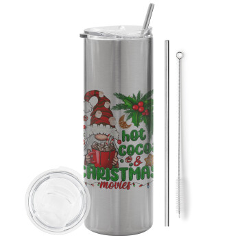 Hot cocoa and Christmas movies, Tumbler stainless steel Silver 600ml, with metal straw & cleaning brush