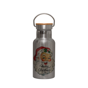 Santa vintage, Stainless steel metallic thermos flask, silver with a bamboo lid, double-walled, 350ml.