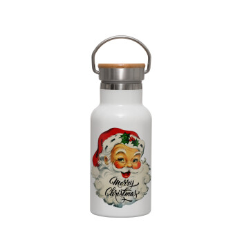 Santa vintage, Metallic thermos (Stainless steel) White with wooden lid (bamboo), double-walled, 350ml