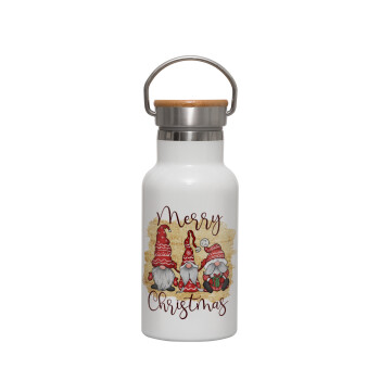 Xmas Elves, Metallic thermos (Stainless steel) White with wooden lid (bamboo), double-walled, 350ml