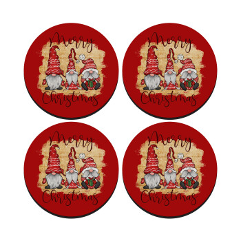 Xmas Elves, SET of 4 round wooden coasters (9cm)