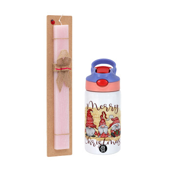 Xmas Elves, Easter Set, Children's thermal stainless steel water bottle with safety straw, pink/purple (350ml) & Easter scented flat candle (30cm) (PINK)