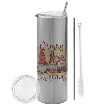 Xmas Elves, Eco friendly stainless steel Silver tumbler 600ml, with metal straw & cleaning brush