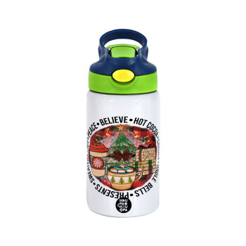 Joy, Peace, Believe, Hot Cocoa, Carols, Children's hot water bottle, stainless steel, with safety straw, green, blue (350ml)